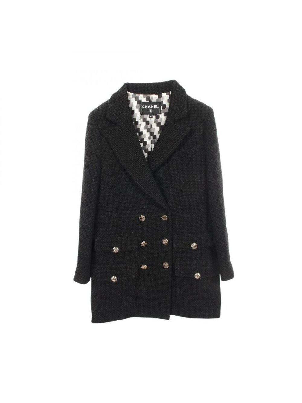 Chanel Tailored Jacket CC Logo Button Double Breasted Tweed Black Wool